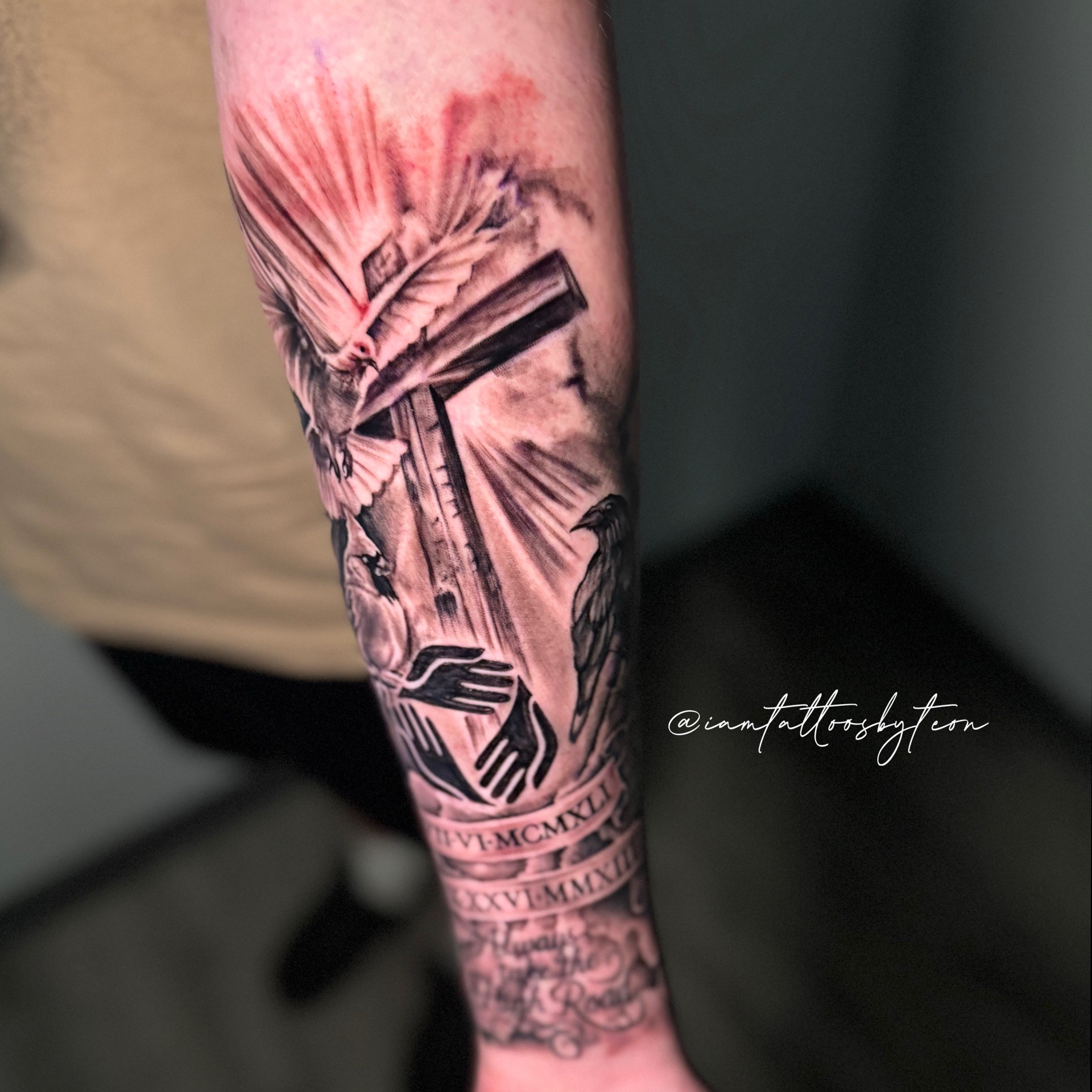 Black & Grey + Illustrative cross tattoo on Forearm by TheINQCollective on TattMe