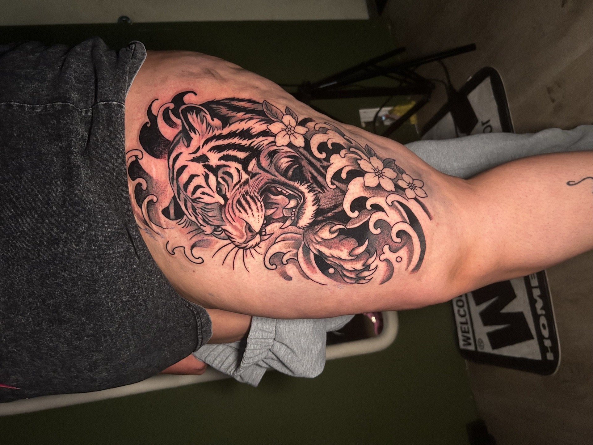 Black & Grey + Color tattoo on Thigh by KC on TattMe