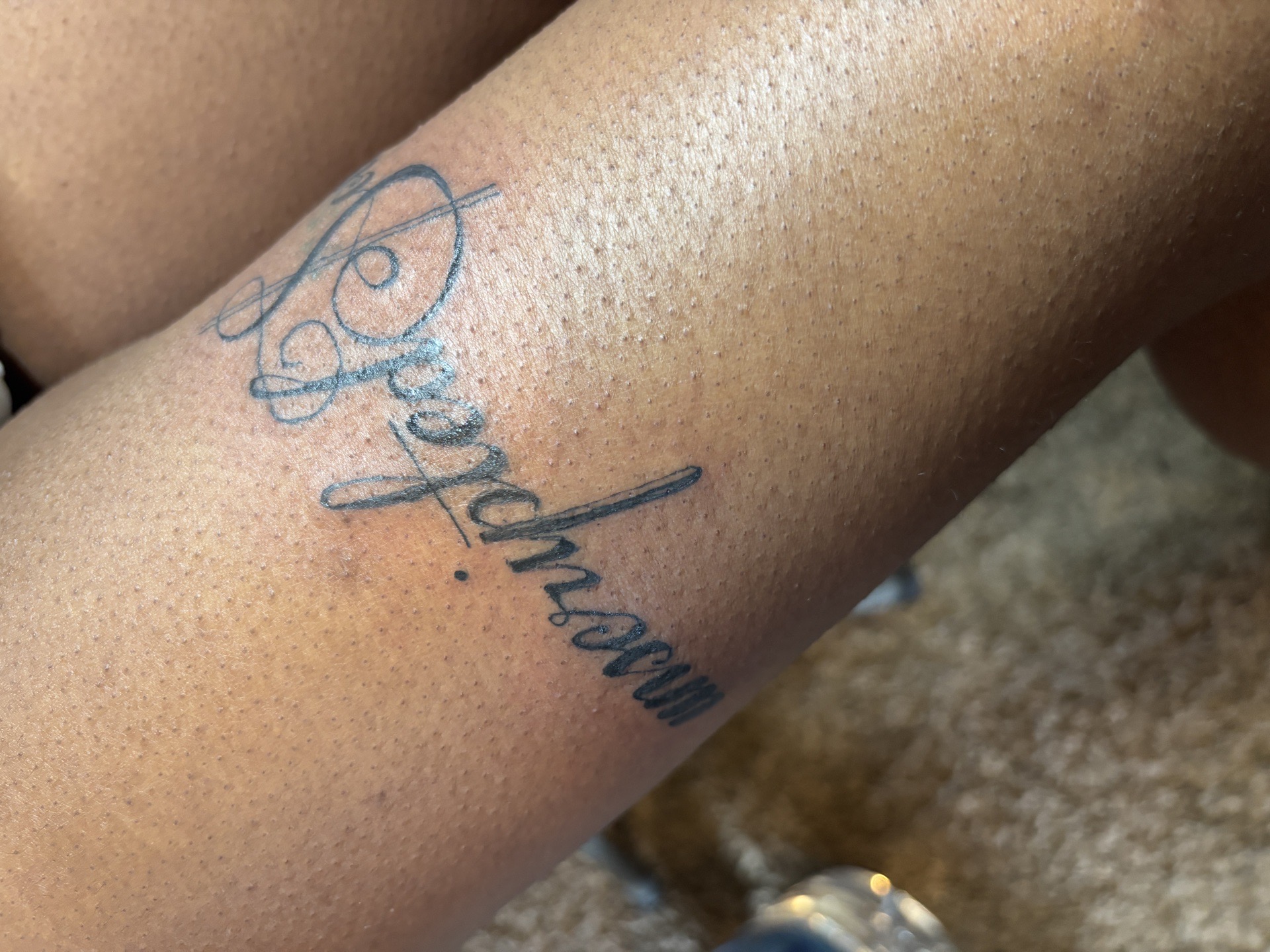 Script + Fine Line cursive tattoo on Thigh by tatsbyrayyy on TattMe