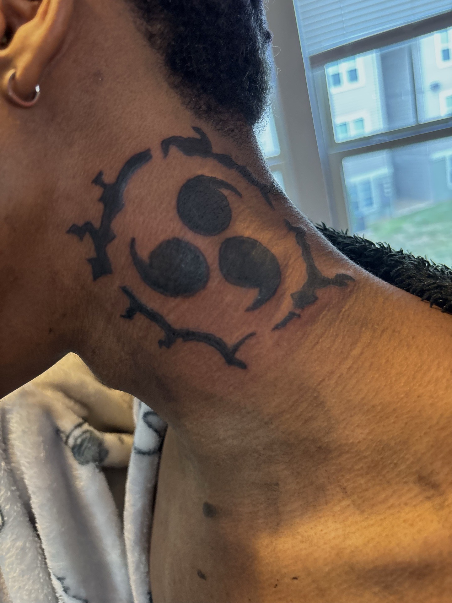 Anime + Black-work anime tattoo on Neck (Side) by tatsbyrayyy on TattMe