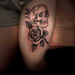 Black & Grey + Illustrative skull tattoo on Thigh by Tattoos_By_Sierra on TattMe