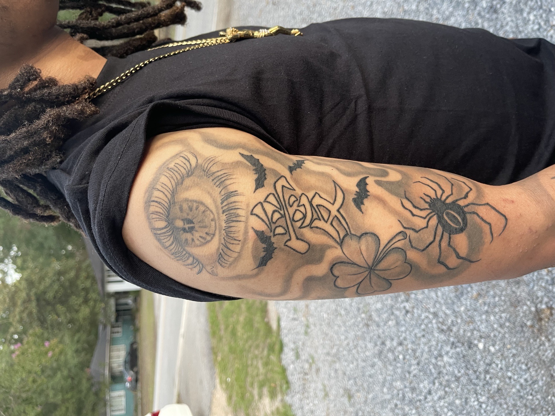 Black & Grey + Fine Line eye tattoo on Upper Arm by Jamarious_Cook on TattMe