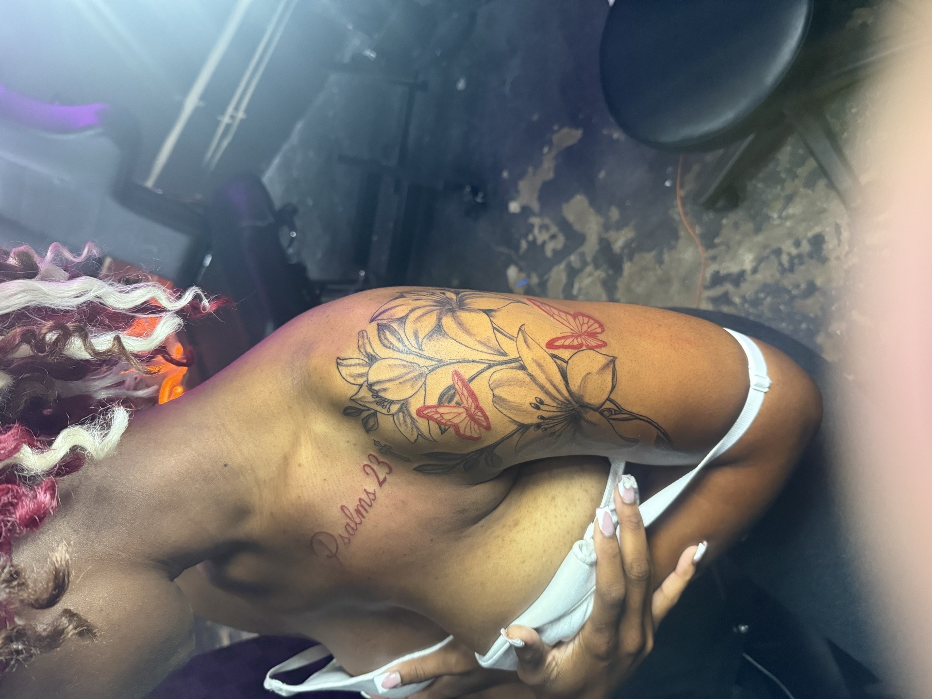Floral + Lettering flowers tattoo on Shoulder Blade by AmenInkLLC on TattMe