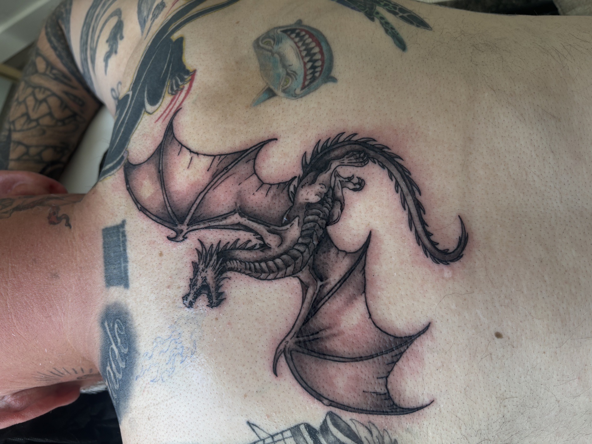Black & Grey + Illustrative dragon tattoo on Upper Back by Skull_Brothers_Ink on TattMe