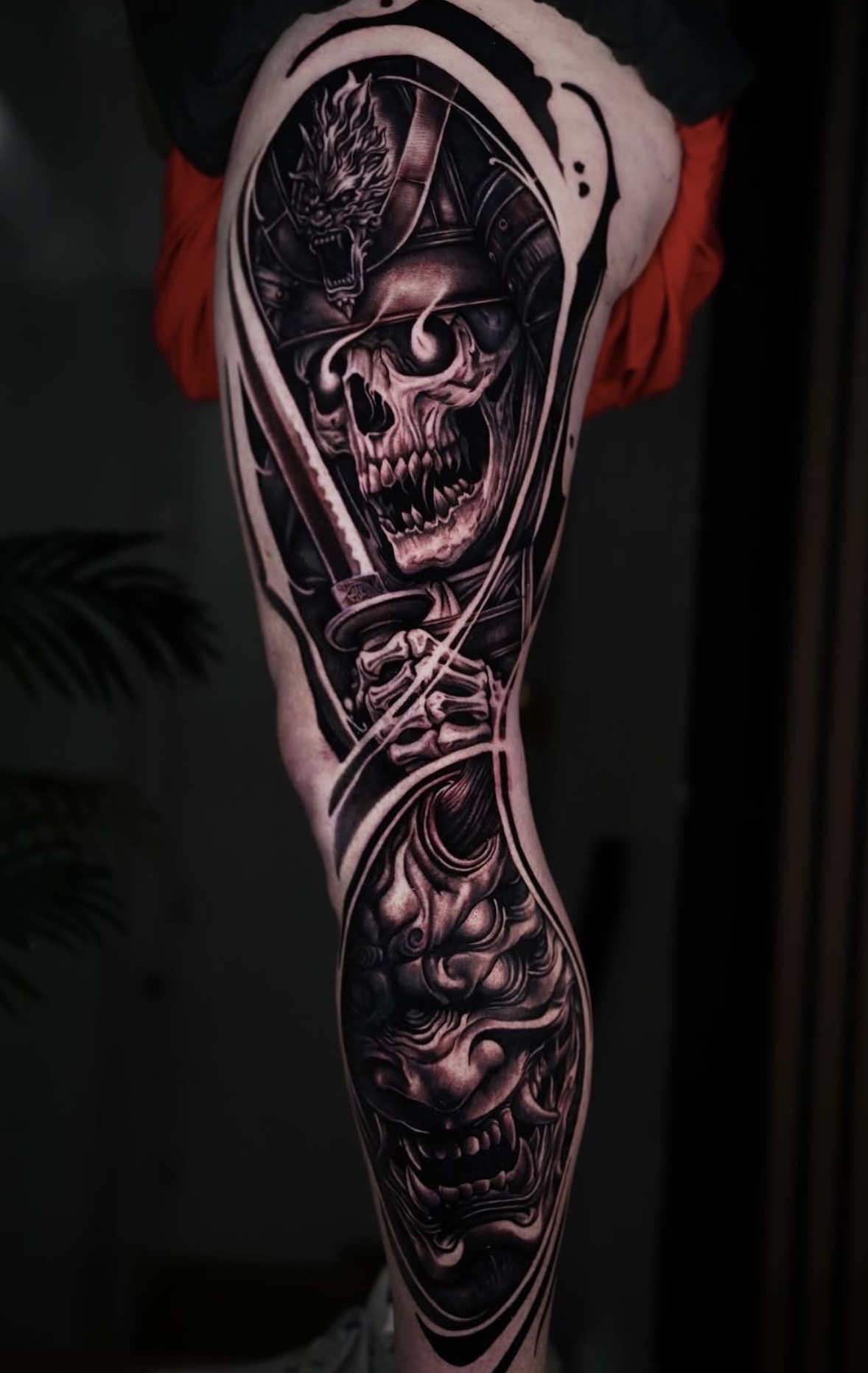 Black & Grey + Realism skull tattoo on Full Leg Sleeve by Handrosart on TattMe