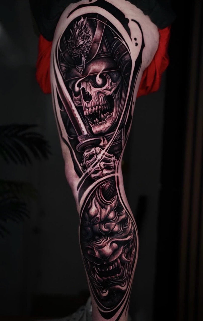 Black & Grey + Realism skull tattoo on Full Leg Sleeve by Handrosart on TattMe