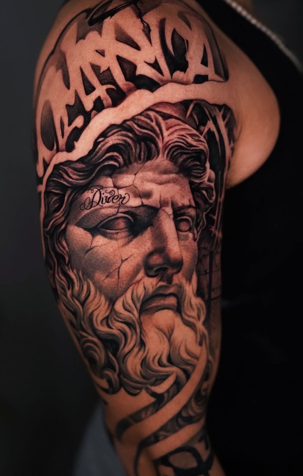 Realism + Black & Grey statue tattoo on Upper Arm by Handrosart on TattMe