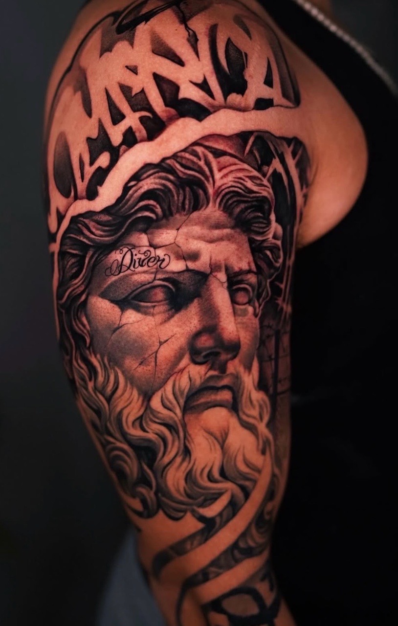 Realism + Black & Grey statue tattoo on Upper Arm by Handrosart on TattMe