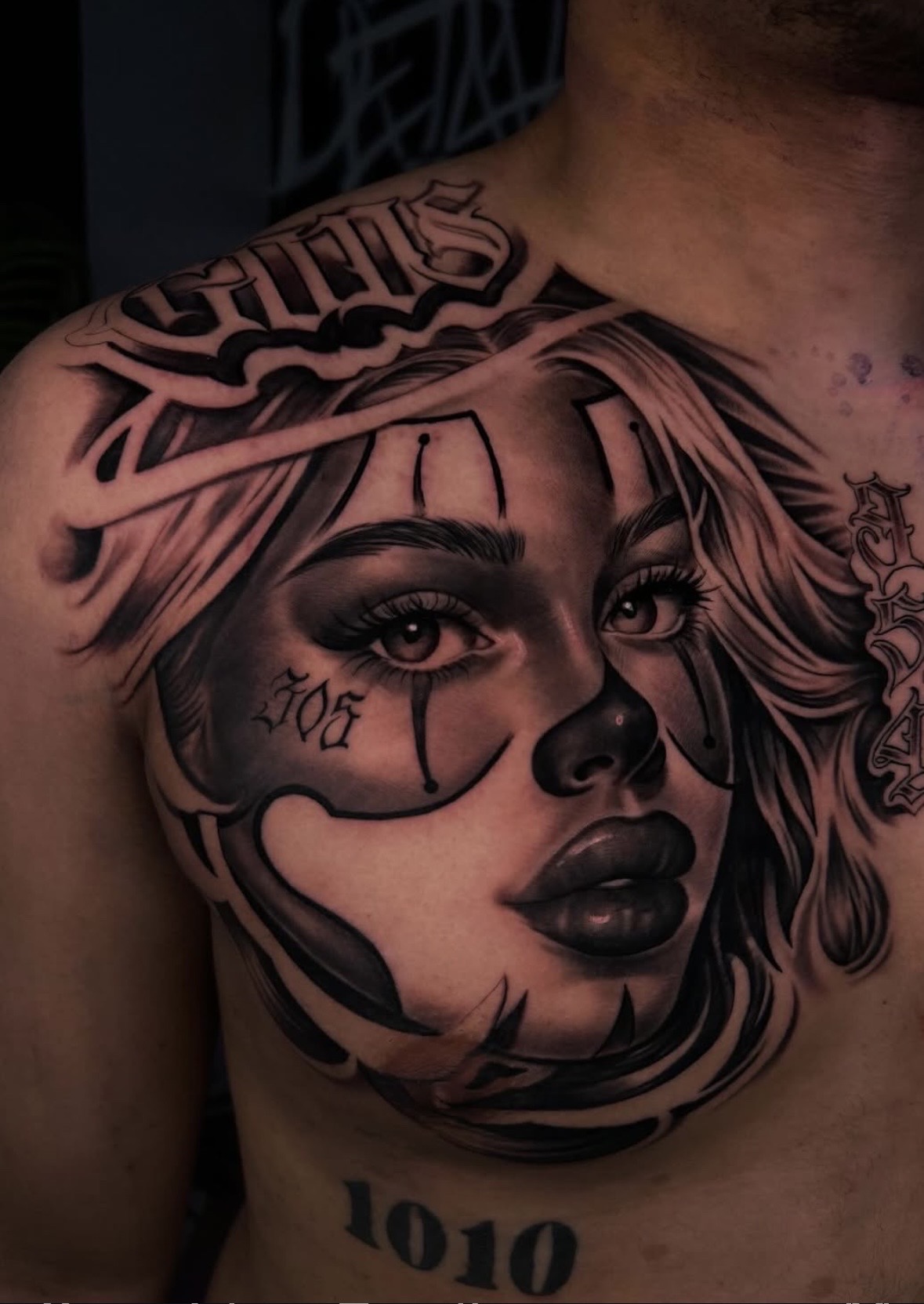 Black & Grey + Realism woman tattoo on Chest by Handrosart on TattMe