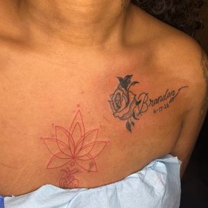 Black & Grey + Floral rose tattoo on Chest by 6hosted on TattMe