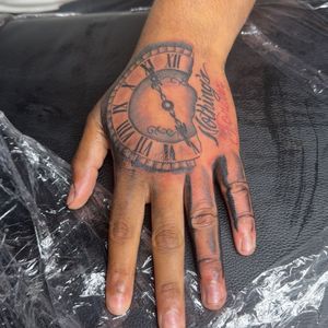 Black & Grey + Lettering clock tattoo on Hand by 6hosted on TattMe