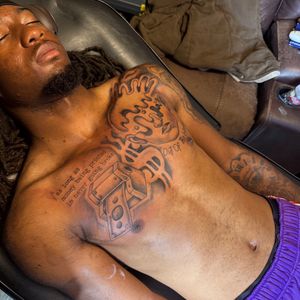 Black & Grey + Script dollar signs tattoo on Chest by 6hosted on TattMe