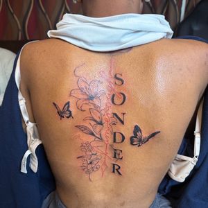 Fine Line + Black-work letters tattoo on Upper Back by 6hosted on TattMe