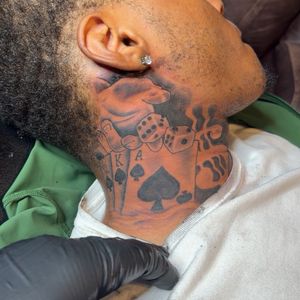 Black & Grey + Illustrative cards tattoo on Neck (Side) by 6hosted on TattMe