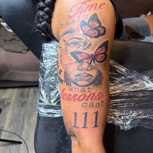 Realism + Lettering butterflies tattoo on Upper Arm by 6hosted on TattMe