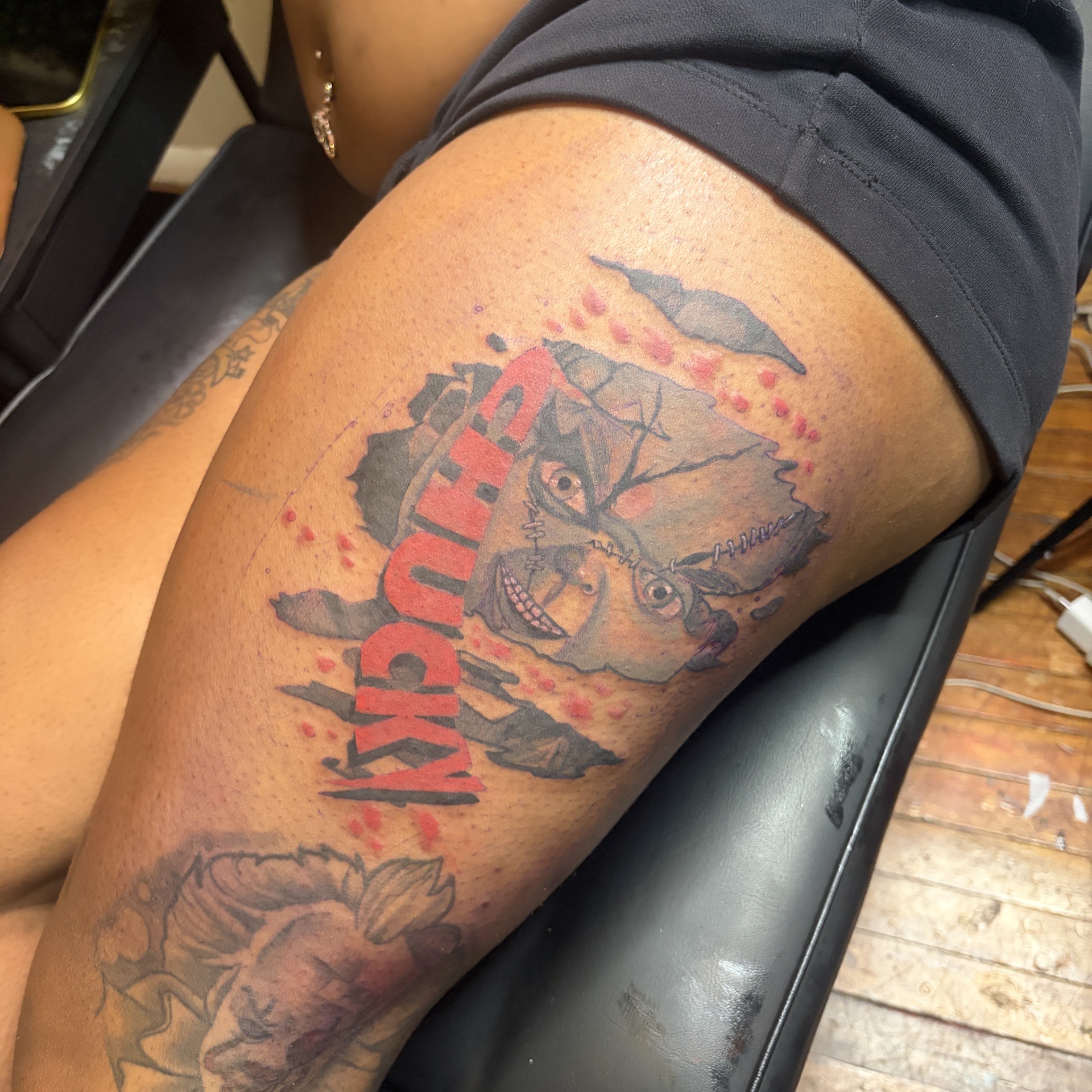 Illustrative + Color chucky tattoo on Thigh by RZ_ink on TattMe