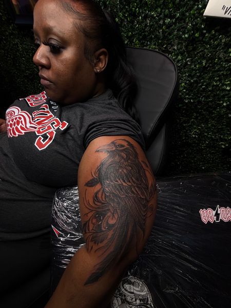 Black & Grey + Illustrative bird tattoo on Upper Arm by RZ_ink on TattMe