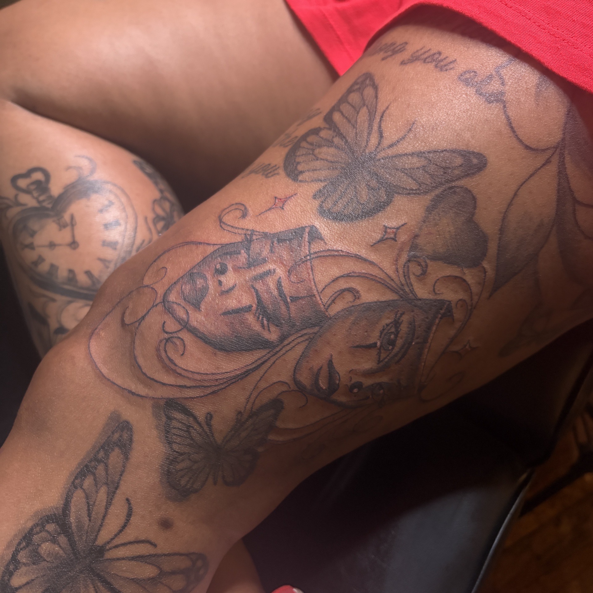 Black & Grey + Illustrative masks tattoo on Thigh by RZ_ink on TattMe
