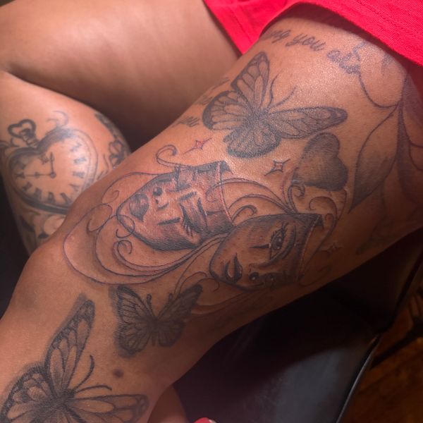 Black & Grey + Illustrative masks tattoo on Thigh by RZ_ink on TattMe