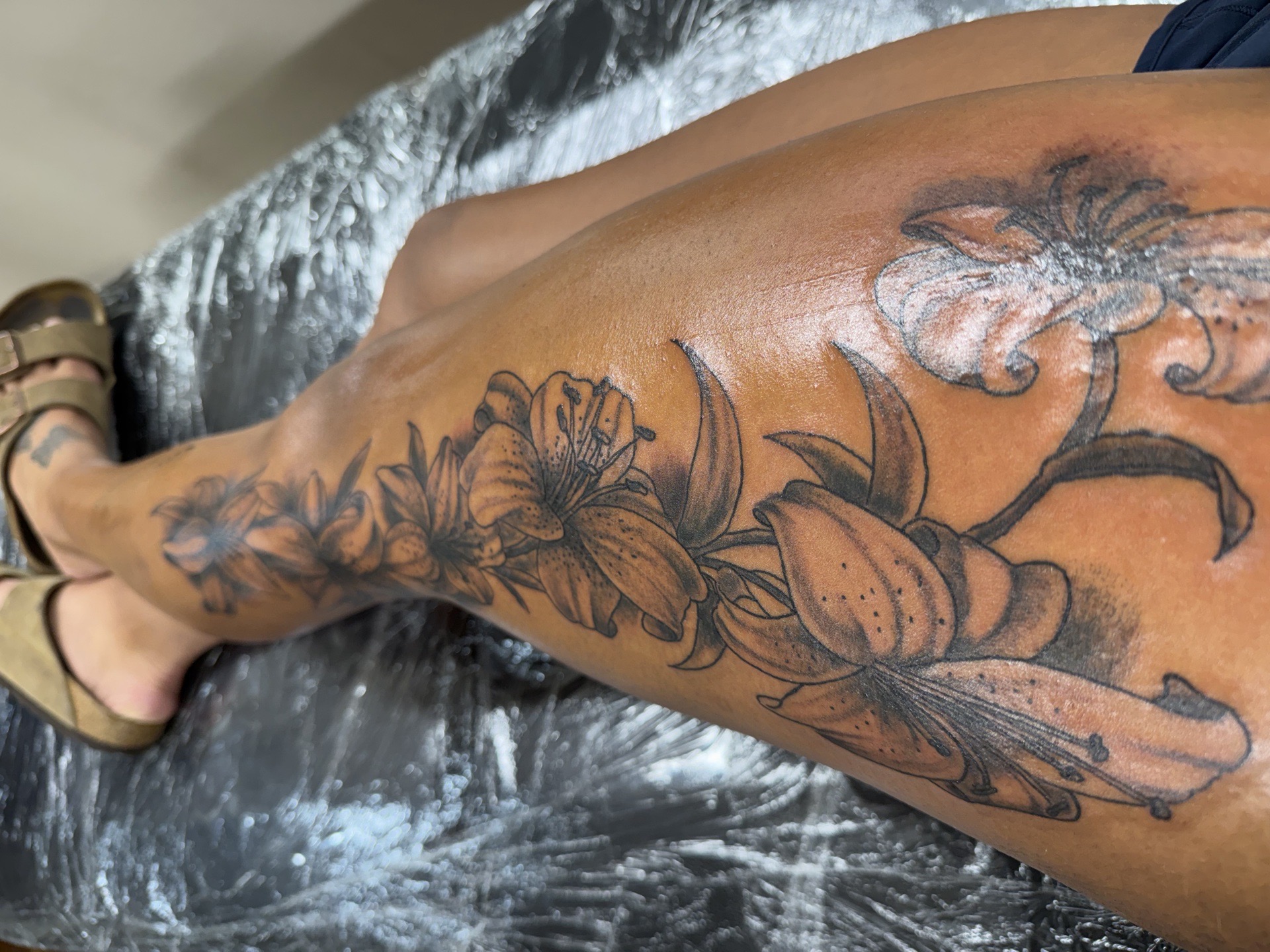Black & Grey flowers tattoo on Full Leg Sleeve by Deans_Ink_Spa_LLC on TattMe