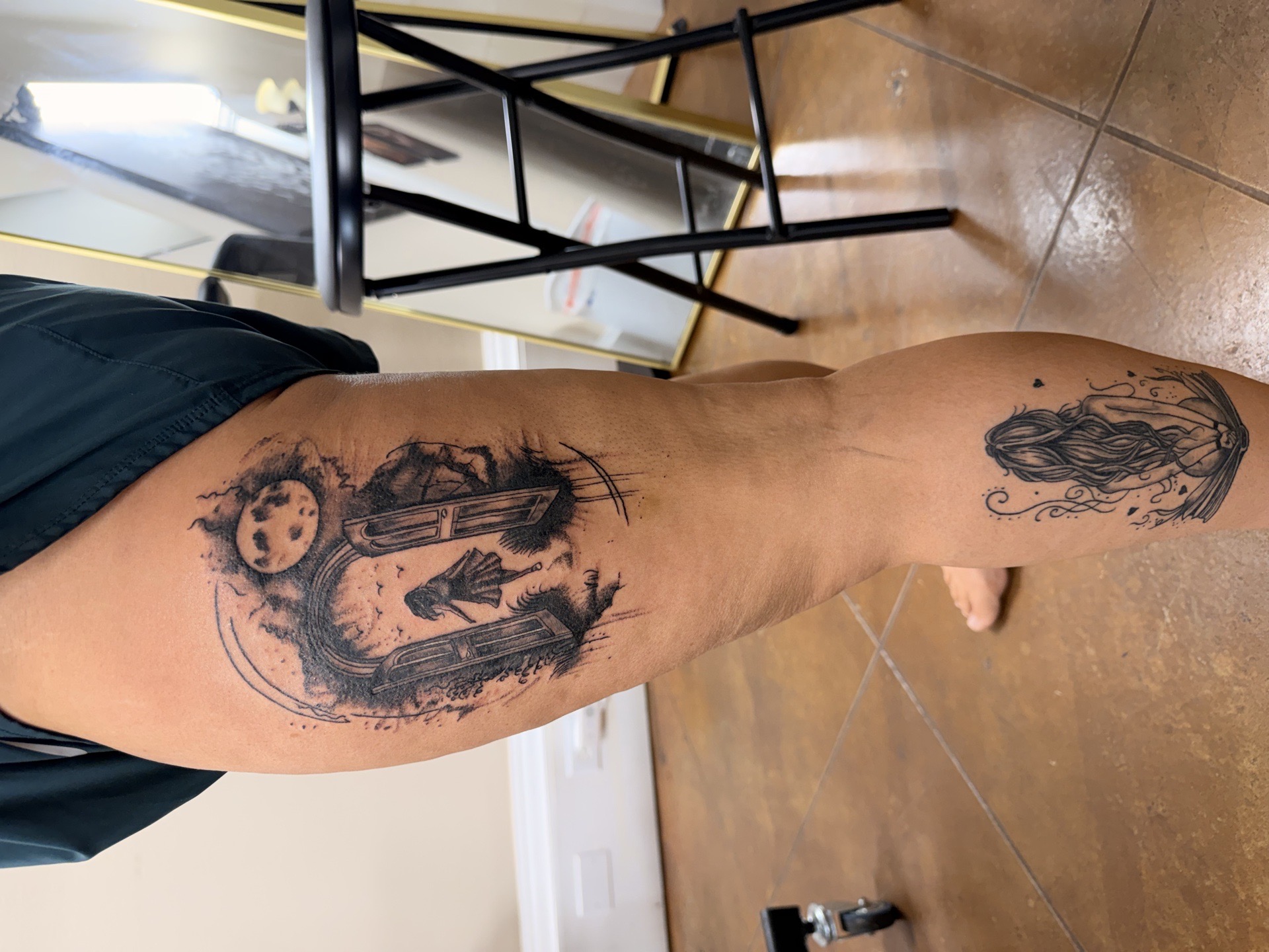Black & Grey + Illustrative girl tattoo on Thigh by Deans_Ink_Spa_LLC on TattMe