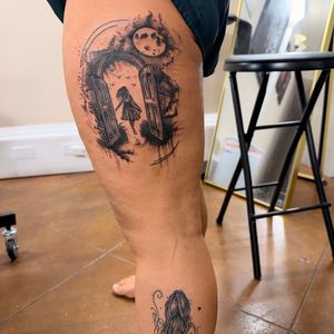 Black & Grey + Illustrative girl tattoo on Thigh by Deans_Ink_Spa_LLC on TattMe
