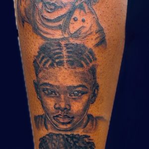 Black & Grey + Photo Realism children tattoo on Calf by Deans_Ink_Spa_LLC on TattMe