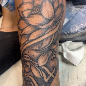 Black & Grey + Floral lotus tattoo on Calf by Mo_Money_Tatts on TattMe