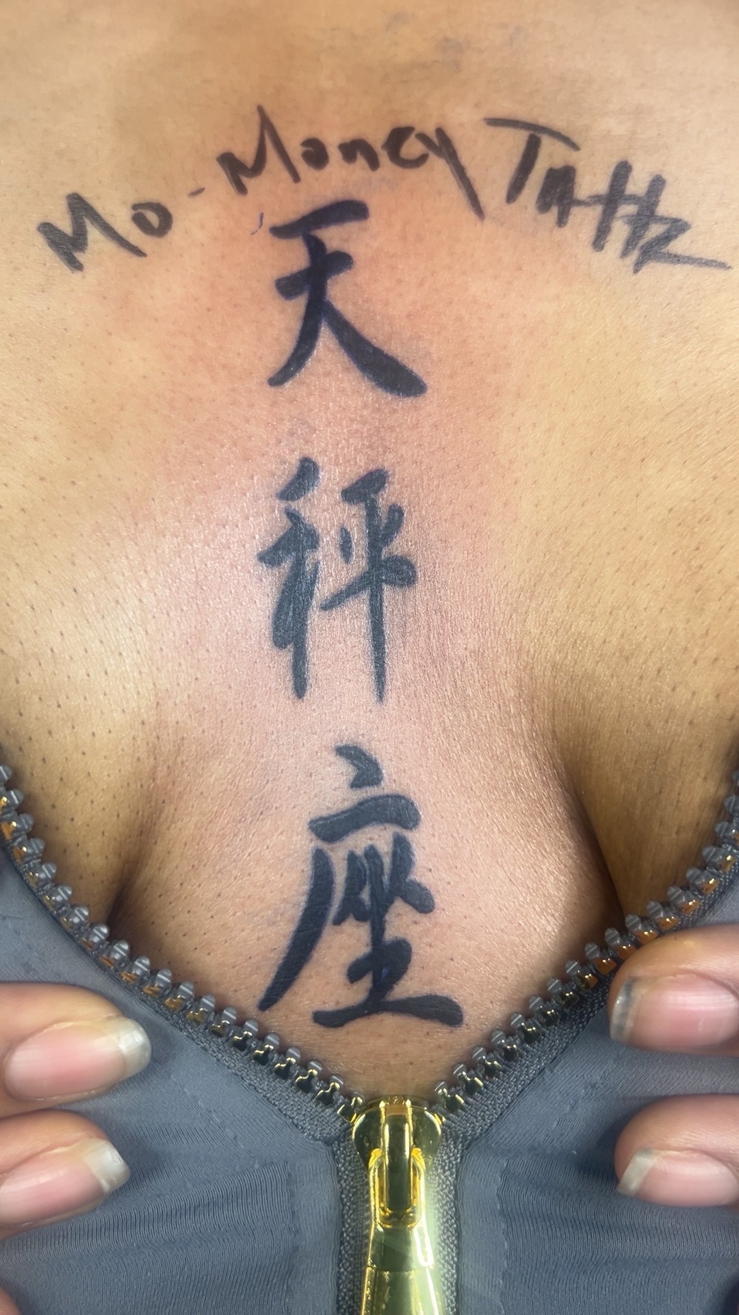 Lettering + Script chinese characters tattoo on Sternum by Mo_Money_Tatts on TattMe