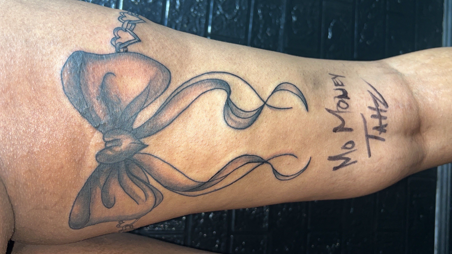 Black & Grey + Fine Line bow tattoo on Thigh by Mo_Money_Tatts on TattMe