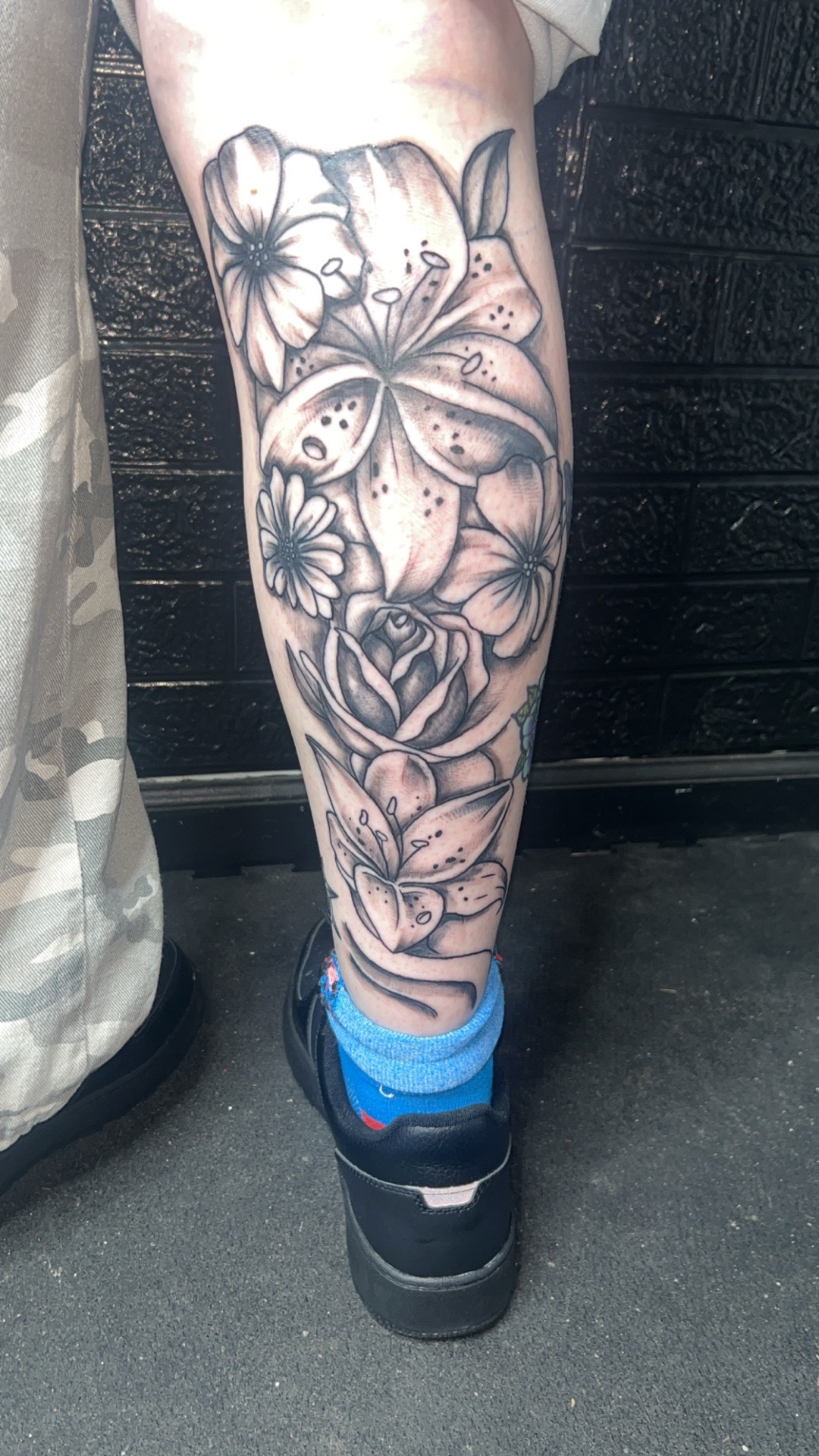 Floral + Black & Grey flowers tattoo on Calf by Mo_Money_Tatts on TattMe