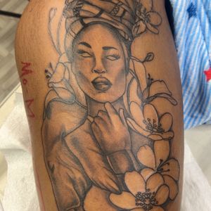 Black & Grey + Illustrative woman tattoo on Thigh by Mo_Money_Tatts on TattMe