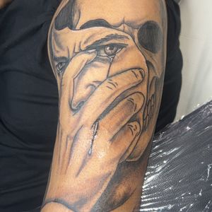 Black & Grey + Illustrative skull tattoo on Upper Arm by Mo_Money_Tatts on TattMe