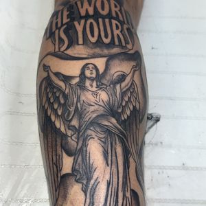 Black & Grey + Illustrative angel tattoo on Calf by Mo_Money_Tatts on TattMe