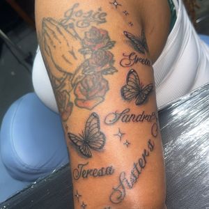 Black & Grey + Lettering praying hands tattoo on Upper Arm by Mo_Money_Tatts on TattMe