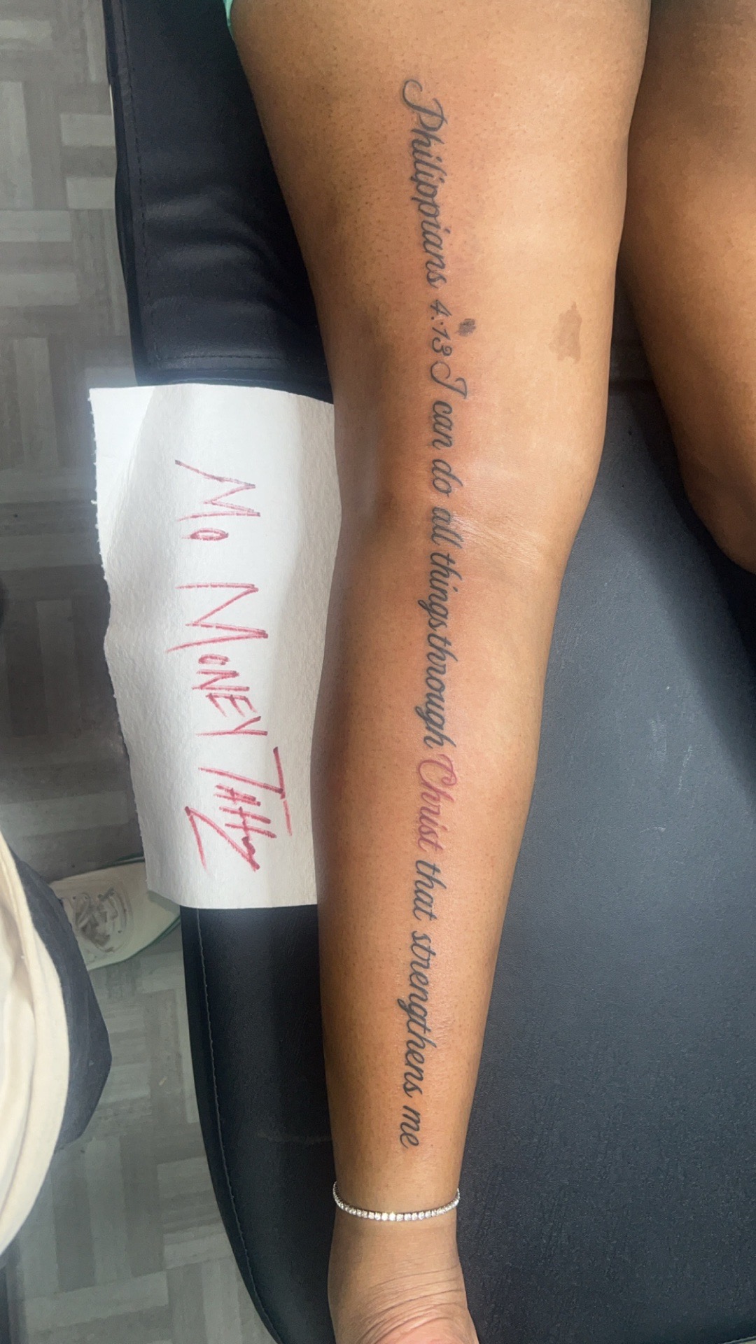 Lettering + Script scripture tattoo on Thigh by Mo_Money_Tatts on TattMe