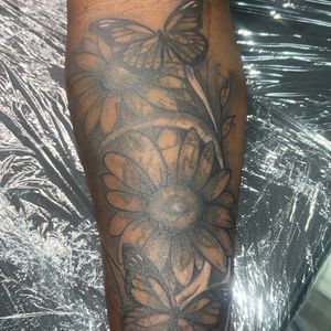 Black & Grey + Floral butterflies tattoo on Forearm by Mo_Money_Tatts on TattMe