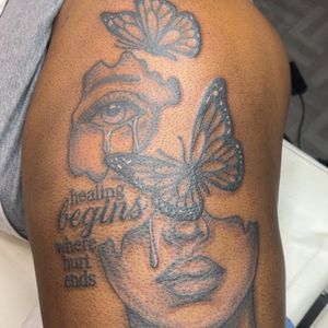Black & Grey + Fine Line face tattoo on Upper Arm by Mo_Money_Tatts on TattMe