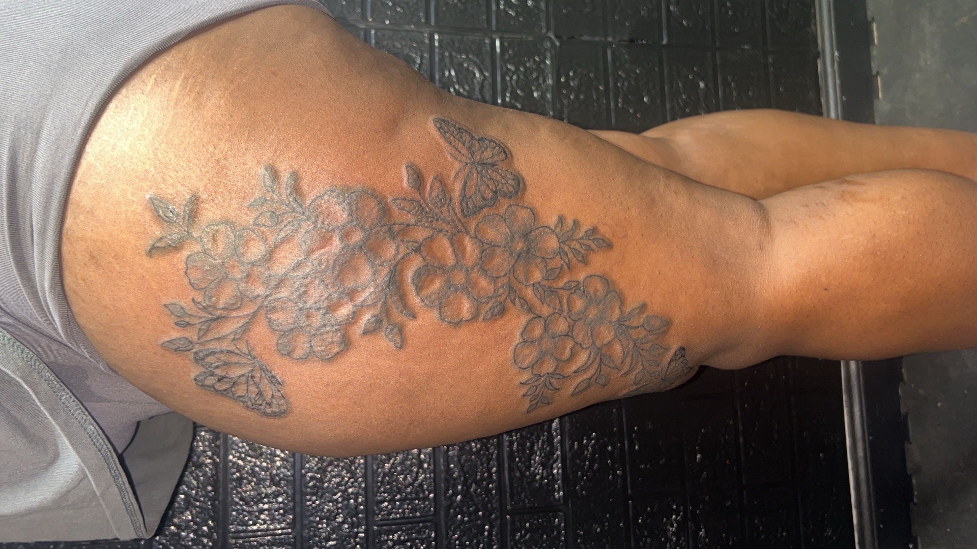 Fine Line + Line-work flowers tattoo on Thigh by Mo_Money_Tatts on TattMe