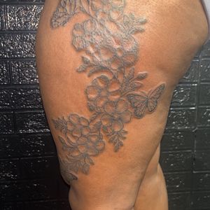 Fine Line + Line-work flowers tattoo on Thigh by Mo_Money_Tatts on TattMe