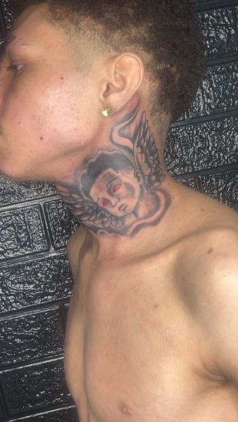 Black & Grey + Illustrative cherub tattoo on Neck (Side) by Mo_Money_Tatts on TattMe