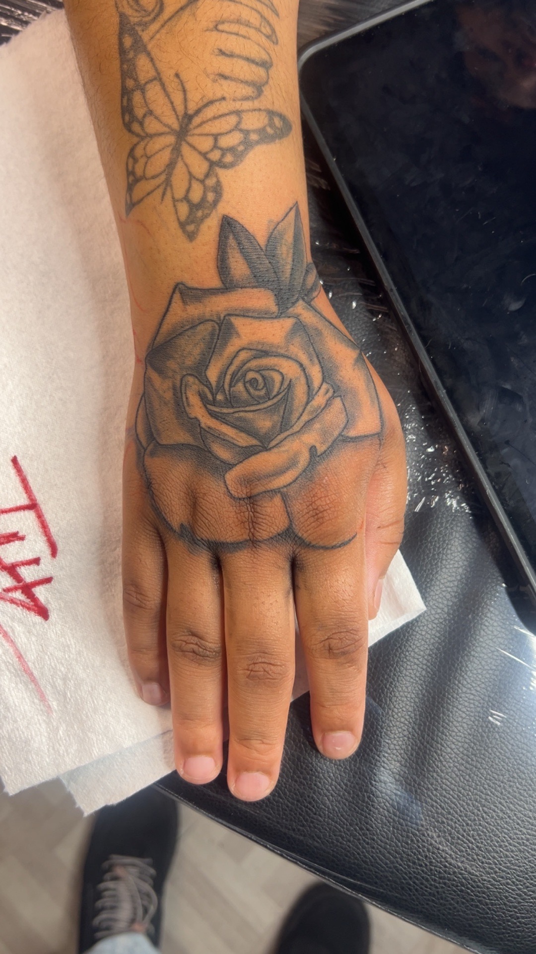 Fine Line + Black & Grey rose tattoo on Hand by Mo_Money_Tatts on TattMe