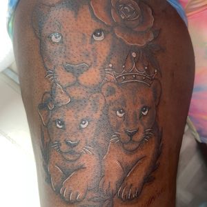 Black & Grey + Illustrative lioness tattoo on Thigh by Mo_Money_Tatts on TattMe