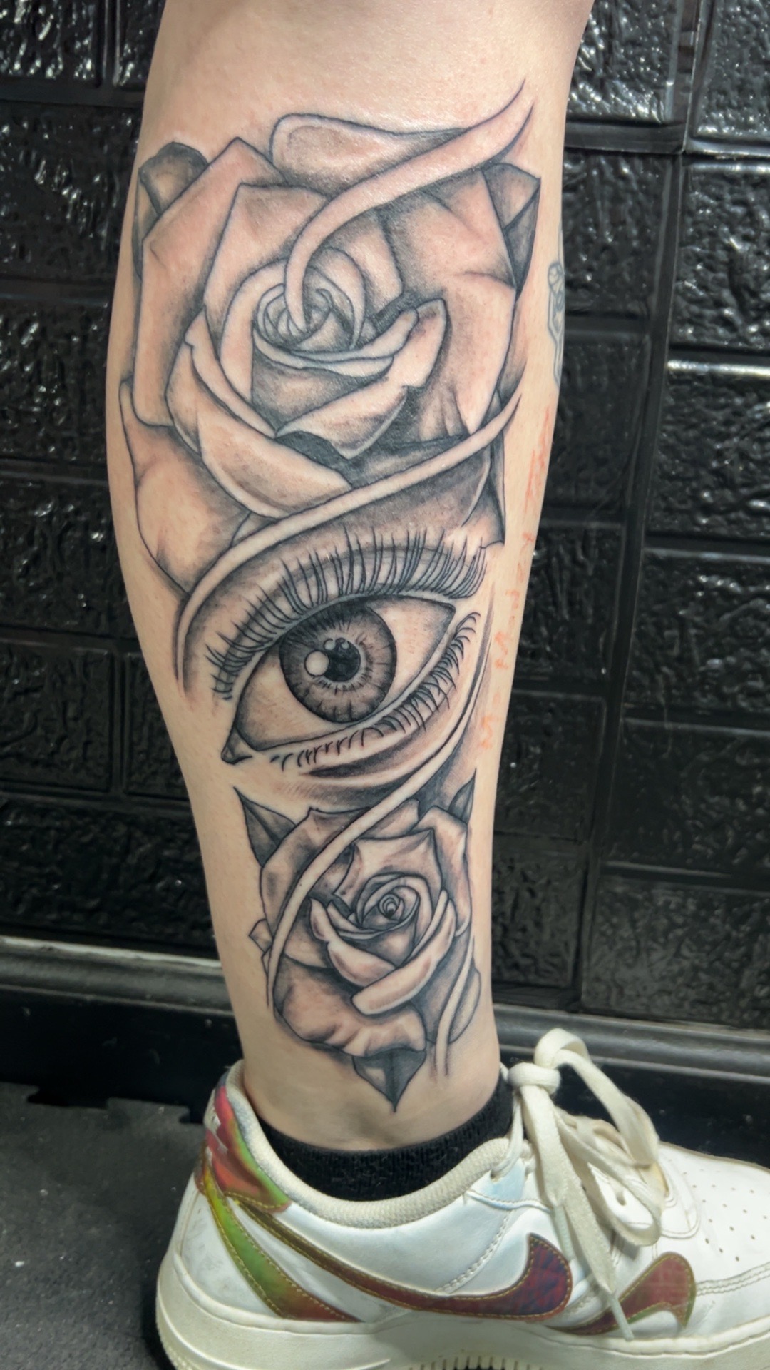 Black & Grey + Realism eye tattoo on Calf by Mo_Money_Tatts on TattMe