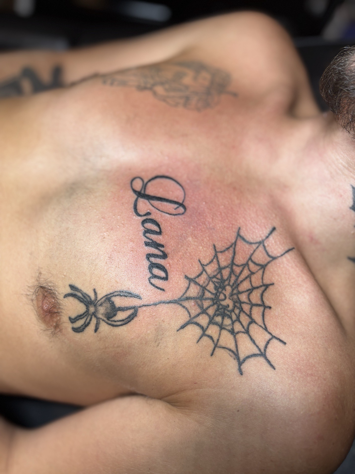 Black-work + Lettering spider tattoo on Chest by TattedbyJayden on TattMe