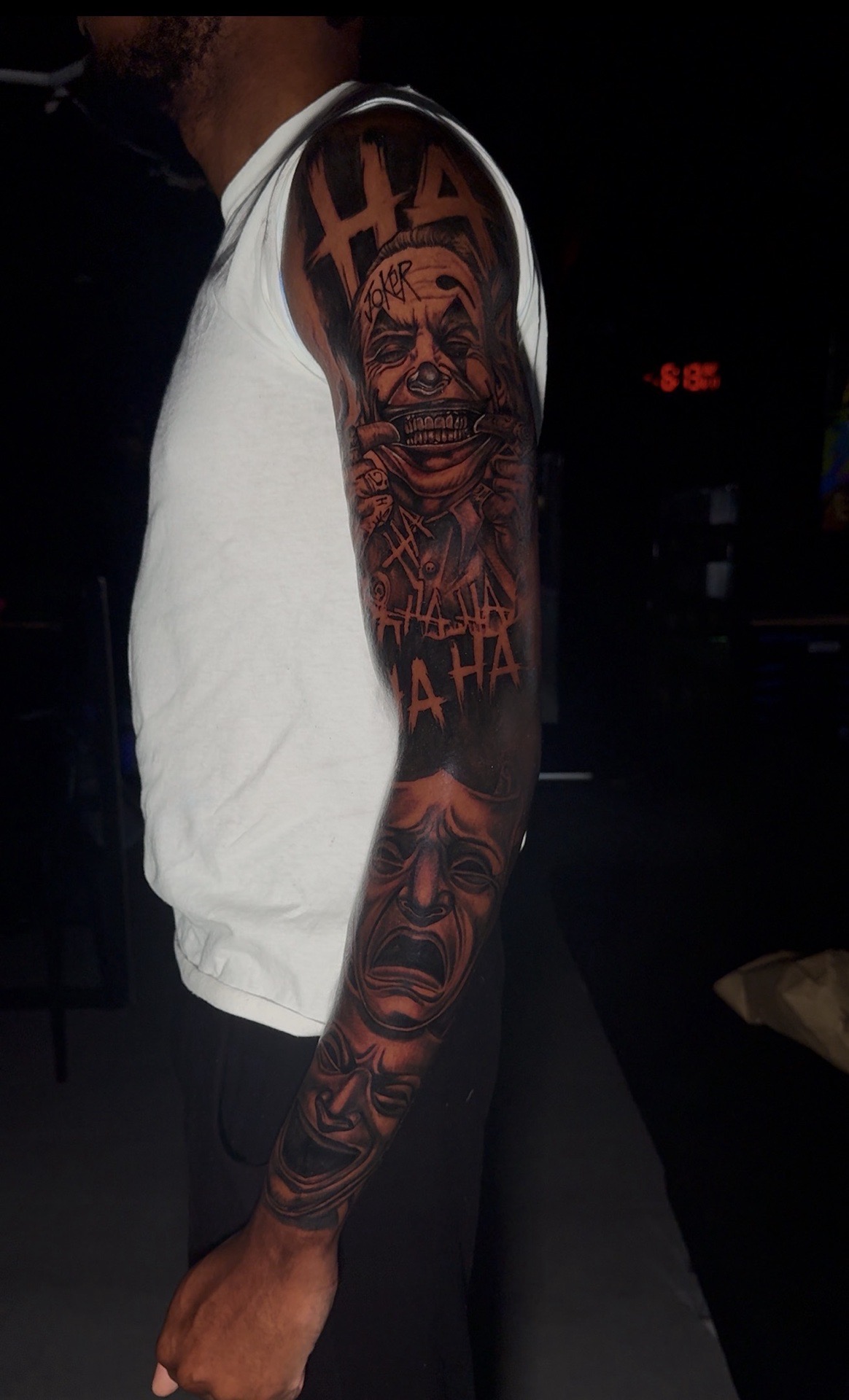 Realism + Black & Grey joker tattoo on Full Sleeve by Leway_Tattoos on TattMe