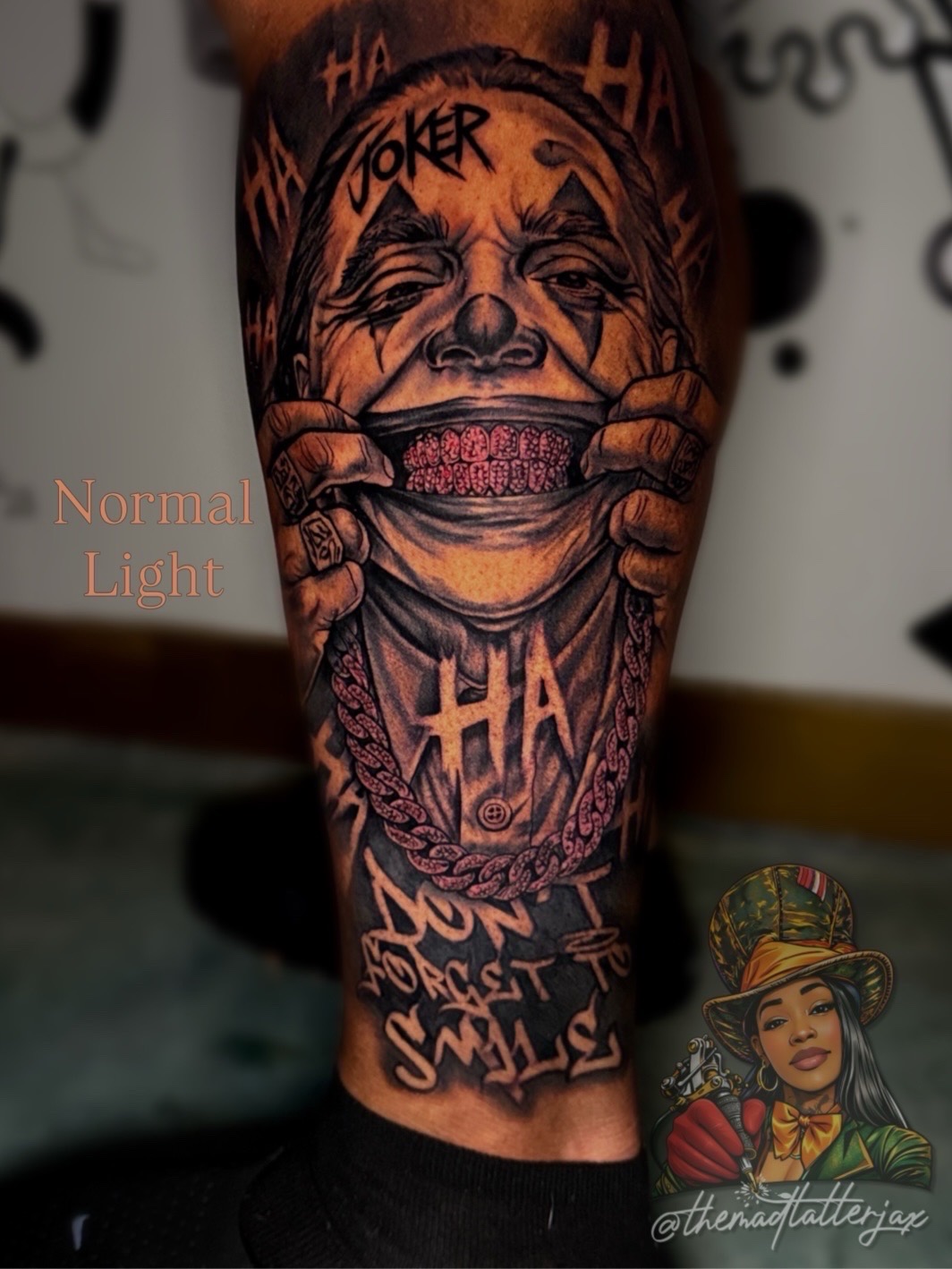 Realism + Black & Grey joker tattoo on Calf by TheMadTatter on TattMe
