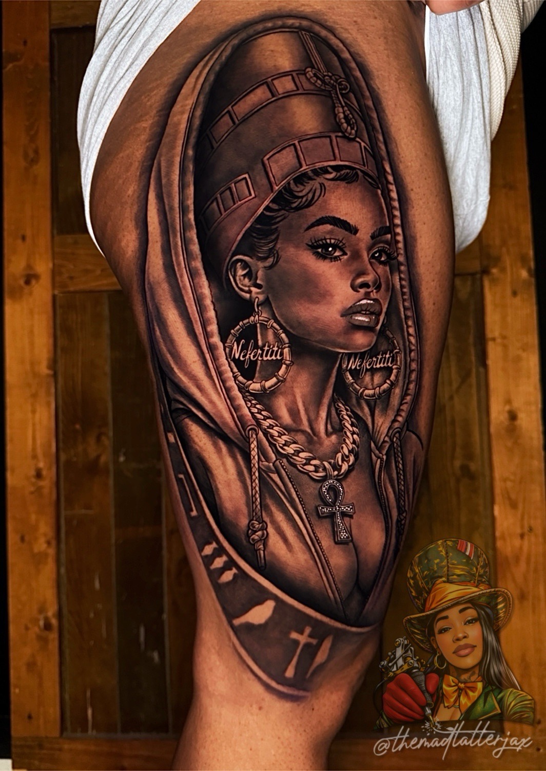 Black & Grey + Realism queen tattoo on Thigh by TheMadTatter on TattMe