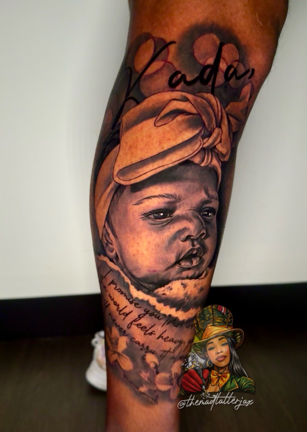 Realism + Black & Grey baby tattoo on Calf by TheMadTatter on TattMe