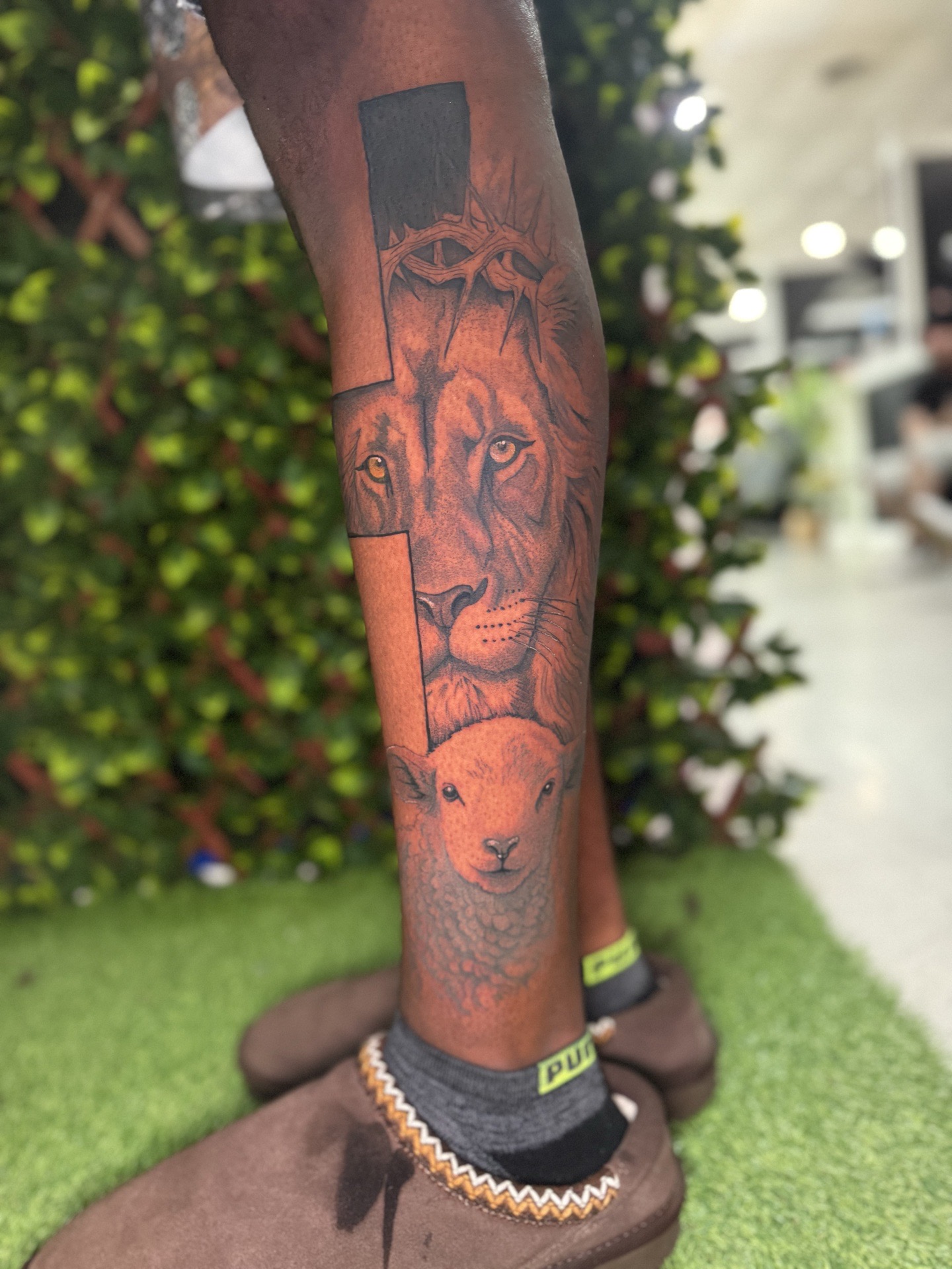 Realism + Black & Grey lion tattoo on Calf by Edwaun_Randall on TattMe
